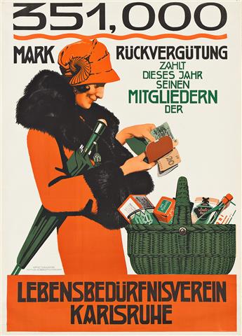 DESIGNER UNKNOWN. LEBENSBEDÜRFNIS VEREIN KARLSRUHE. Circa 1925. 39½x28¼ inches, 100¼x71¾ cm. Arthur Albrecht & Cie, Karlsruhe.                   